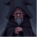 a sinister dark wizard, cloaked in heavy, shadowed robes that obscure most of his form, perhaps tattered or adorned with ominous symbols. his face, if visible, is gaunt and etched with age and malevolence, with sharp features and piercing, glowing eyes (e