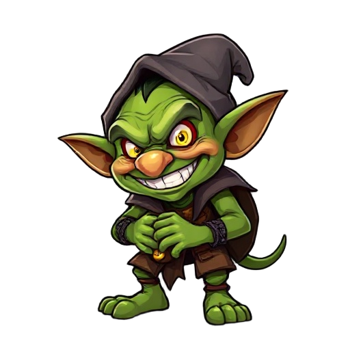 a mischievous goblin, grinning wickedly, with bright, cunning eyes and pointy ears. he's wearing patched and tattered clothes, perhaps with a small, crooked hat. his grubby hands are holding a stolen object or a small sack of gold coins.