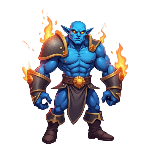 create a blue warrior with fire powers who can walk