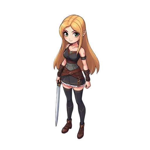 personagem feminina, cabelos longos, amarelos, espada curta
