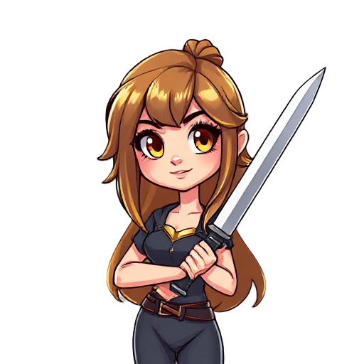personagem feminina, cabelos longos, amarelos, espada curta