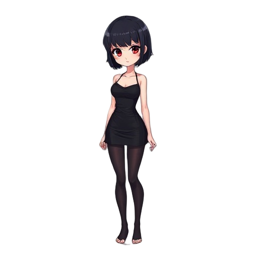sexy girl, black hair, short hair, red eyes, full body, black clothes, mini skirt, black pantyhose, no shoes, bare shoulders, 