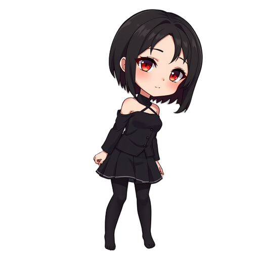 sexy girl, black hair, short hair, red eyes, full body, sexy, black clothes, mini skirt, black pantyhose, no shoes, bare shoulders, 