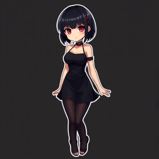 sexy girl, black hair, short hair, red eyes, full body, black clothes, mini skirt, black pantyhose, no shoes, bare shoulders, 