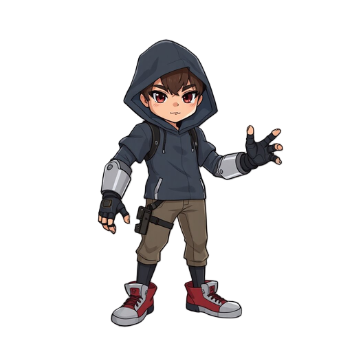 generate a boy character in which he must wear a hoodie rogue and his both and must be visible one hand must be robotic give him a good looking, an adventure character, give him side scroller platformer game look, more side side view like one in game  