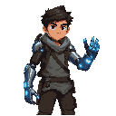 a young human adventurer with a determined expression, athletic build, wearing worn-out futuristic clothing. one arm is fully robotic — sleek metallic plating, glowing blue joints, mechanical fingers, and subtle energy lines. the human half should look re