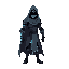 stylized human adventurer inspired by hollow knight, with a mask-like face, flowing cloak, and clean silhouette. one arm is sleek robotic metal with glowing lines. minimalist shapes, soft shadows, moody atmosphere, subtle blues, dynamic pose, game-ready a