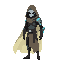 stylized human adventurer inspired by hollow knight, with a mask-like face, flowing cloak, and clean silhouette. one arm is sleek robotic metal with glowing lines. minimalist shapes, soft shadows, moody atmosphere, subtle blues, remove that hoodie, game-r