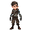 a young human adventurer with a determined expression, athletic build, wearing worn-out futuristic clothing. one arm is fully robotic — sleek metallic plating, glowing blue joints, mechanical fingers, and subtle energy lines. the human half should look re