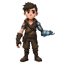 a young human adventurer with a determined expression, athletic build, wearing worn-out futuristic clothing. one arm is fully robotic — sleek metallic plating, glowing blue joints, mechanical fingers, and subtle energy lines. the human half should look re