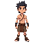 personagem adolescente com visual tribal, cabelo escuro preso, corpo magro, expressão séria, colar simples, tecido curto na cintura, faixas nos braços e pés, postura firme, cores terrosas suaves, fundo transparente.