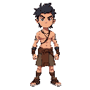 personagem adolescente com visual tribal, cabelo escuro preso, corpo magro, expressão séria, colar simples, tecido curto na cintura, faixas nos braços e pés, postura firme, cores terrosas suaves, fundo transparente.