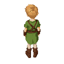 a young boy wearing a green tunic and brown belt and boots. facing southward.