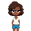 a brown-skinned girl with medium-length curly, thick, short hair, wearing round glasses, a white blouse with green details, and blue shorts.