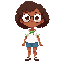 a brown-skinned girl with medium-length curly, thick, short hair, wearing round glasses, a white blouse with green details, and blue shorts.
