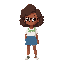 a brown-skinned girl with medium-length curly, thick, short hair, wearing round glasses, a white blouse with green details, and blue shorts.