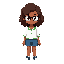 brown-skinned girl with medium-length curly hair, wearing round glasses, a white blouse with green details, and blue shorts for video game, cartoon 2d, flat colors, pixel