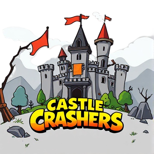 2d cartoon game main menu background in the style of castle crashers. bright flat colors, thick black outlines, exaggerated goofy shapes. a crooked medieval castle in the background, broken banners, smoke coming from windows, simple stylized trees, grass 