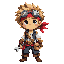 young pirate tinkerer with sandy messy hair, red side-tied bandana, goggles on forehead, small vest, dark pants, tool satchel with a tiny wrench. cute, bright pirate-fantasy style.