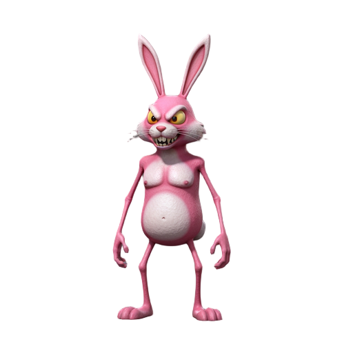 a rabbit on tow feet pink rabbit looks dangerous and crazy his hands and legs are thin and his torso is somewhat square 