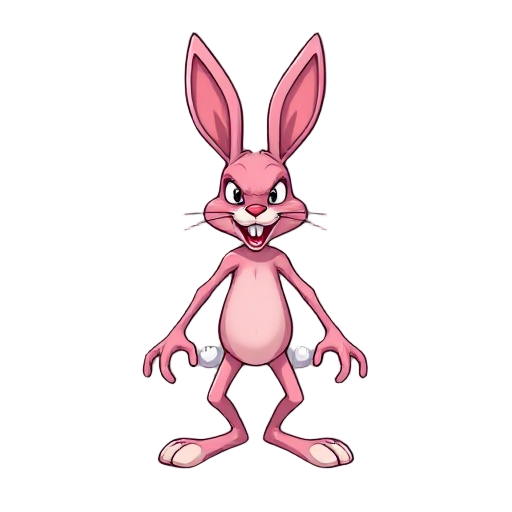a rabbit on tow feet pink rabbit looks dangerous and crazy his hands and legs are thin and his torso is somewhat square 