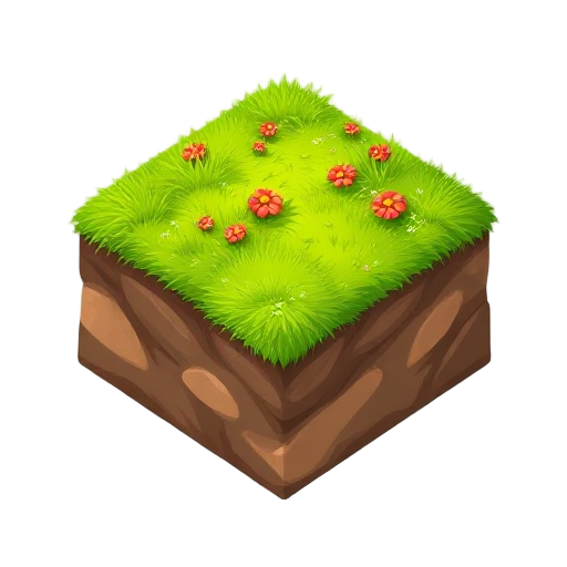 pixel-art grass block tile. the top should be bright green with detailed red flowers and small patches of grass. add soft, realistic shadows on the sides for depth. the dirt sides should have smooth shading and texture. make the overall style vibrant, pol