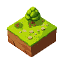 create a vibrant pixel-art grass block tile for a summer biome. the top should be bright green with small red flowers, patches of grass, and scattered stones. include a lush green tree on the tile. add soft, natural shadows and detailed dirt sides with sm