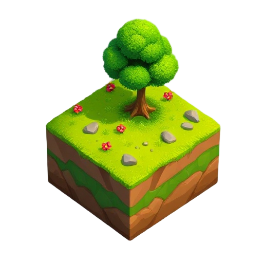 create a vibrant pixel-art grass block tile for a summer biome. the top should be bright green with small red flowers, patches of grass, and scattered stones. include a lush green tree on the tile. add soft, natural shadows and detailed dirt sides with sm