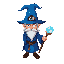 mage very detailed with blue mage hat wiith eye in the middle, and a wand with crystal ball