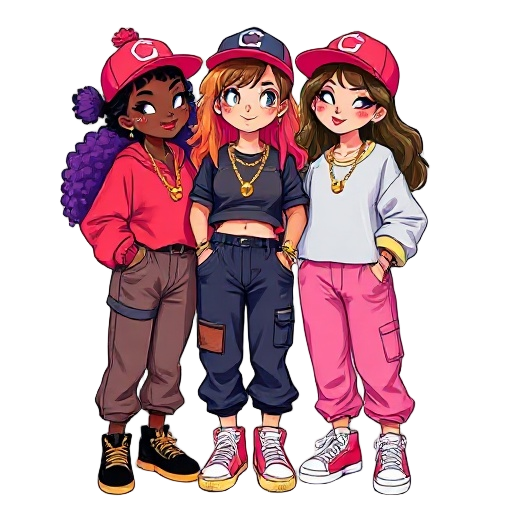 two darkskin and one asian girl in friday night funkin style , cool sneakers and baggy pop colour clothes, cute coloured hair and money flowing everywhere in the background, kissy faces with each doing different cute body poses, shiny jewellery on all of 