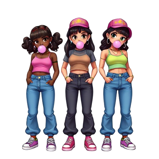 two darkskin and one asian girl in cute colourful crop tops with baggy y2k jeans , cool sneakers, cute hair with brown/black highlights, faces with blowing bubble gum and cute body poses , shiny jewellery on all of them and matching cool hats tilted sidew