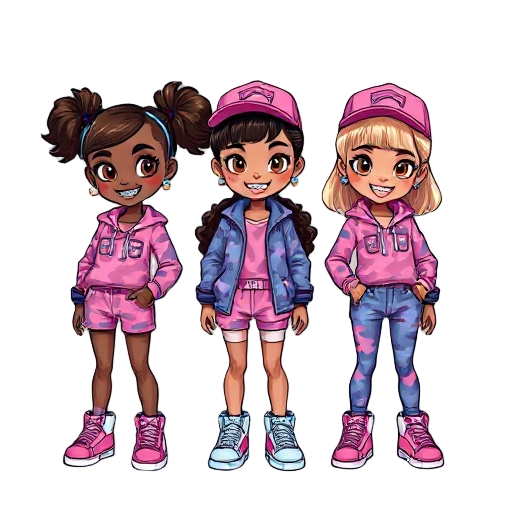 3 ( two darkskins and one lightskin) girls in pink/blue camo clothing, cool sneakers, cute hair with brown/black highlights, smilely faces with shiny colourful diamond grills in their teeth face up as if theyre looking into a camera, shiny colourful jewel