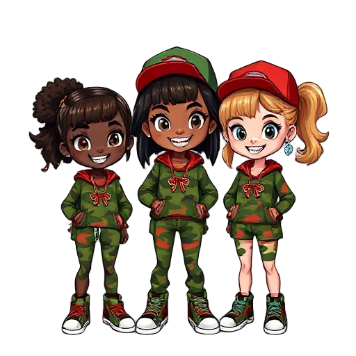 two darkskin and one lightskin girl in green/red camo clothing, cool sneakers, cute hair with brown/black highlights, smilely faces with shiny colourful diamond grills in their teeth face up as if theyre looking into a camera, shiny colourful jewellery on