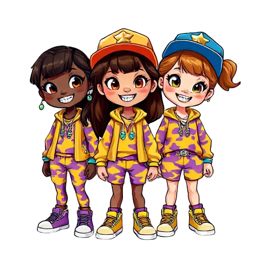 two darkskin and one lightskin girl in yellow/purple camo clothing, cool sneakers, cute hair with brown/black highlights, smilely faces with shiny colourful diamond grills in their teeth face up as if theyre looking into a camera, shiny colourful jeweller