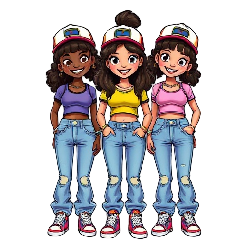 two darkskin and one asian girl in cute colourful crop tops with baggy y2k jeans , cool sneakers, cute hair with brown/black highlights, smiley faces with shiny colourful diamond grills in their teeth (add shine effect), shiny jewellery on all of them and
