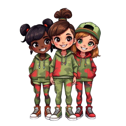 two darkskin and one lightskin girl in light green/red camo clothing, cool sneakers, cute hair with brown/black highlights, smilely faces with shiny colourful diamond grills in their teeth face up as if theyre looking into a camera, shiny colourful jewell