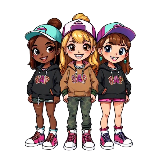 3 (darkskin, brownskin and lightskin) girls in bape clothing with cool sneakers, cute hair with brown/blonde highlights and smilely faces with shiny colourful diamond grills in their teeth face up as if theyre looking into a camera, shiny colourful jewell