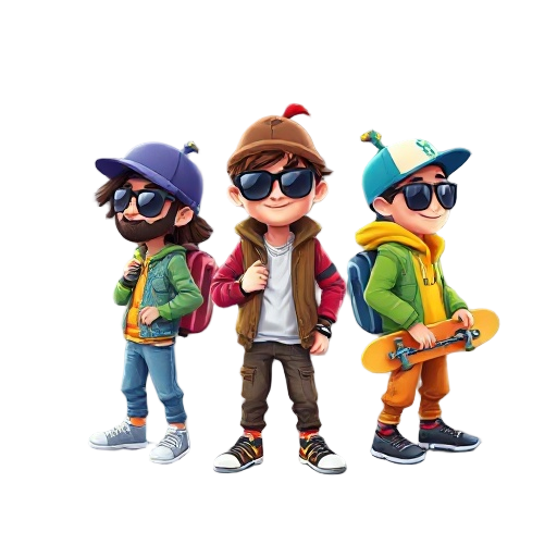 three cool and cute hipster dudes in cool colourful clothing with skateboards on their backs and and cool hats tilted sideways in swaggy poses