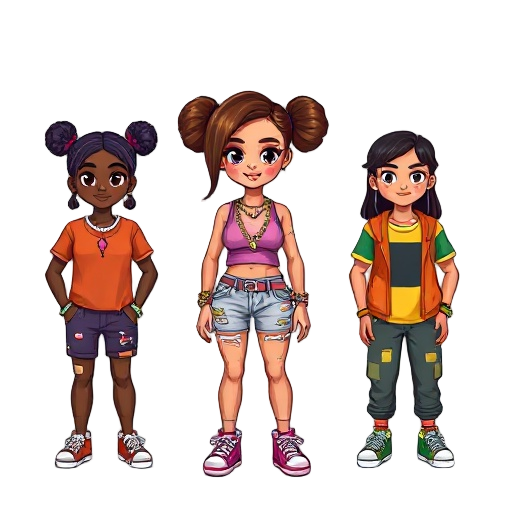 6 different pixelated characters, 3 people with two styles (makes six characters in total). first person is a lightskinned pretty girl with two puffs and a side slick parting with brown highlights as her hair, clothing as colourful and y2k with jewellery,