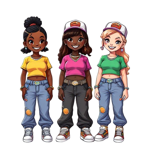 two darkskin and one lightskin girl in cute colourful crop tops with baggy y2k jeans , cool sneakers, cute hair with brown/black highlights, smiley faces with shiny colourful diamond grills in their teeth, shiny jewellery on all of them and matching cool 