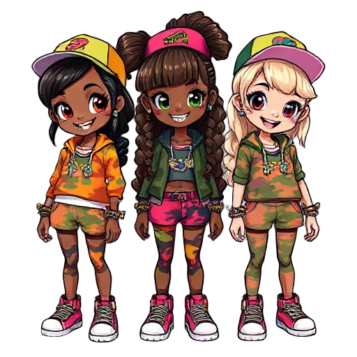 3 ( two darkskins and one lightskin) girls in colourful camo clothing, cool sneakers, cute hair with brown/black highlights, smilely faces with shiny colourful diamond grills in their teeth face up as if theyre looking into a camera, shiny colourful jewel