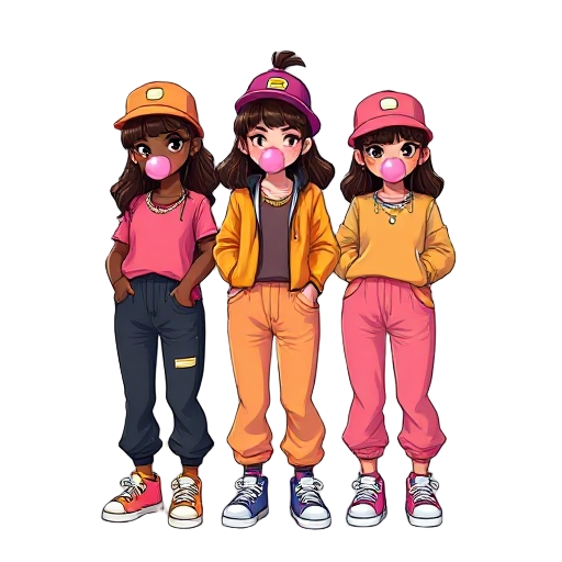 two darkskin and one asian girl in friday night funkin style , cool sneakers and baggy pop colour clothes, cute hair with brown/black highlights, faces with blowing bubble gum and cute body poses , shiny jewellery on all of them and matching cool hats til
