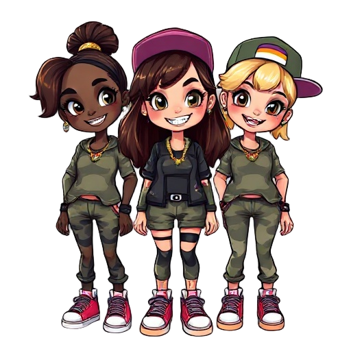3 ( two darkskins and one lightskin) girls in camo clothing with cool sneakers, cute hair with brown/black highlights and smilely faces with shiny colourful diamond grills in their teeth face up as if theyre looking into a camera, shiny colourful jeweller