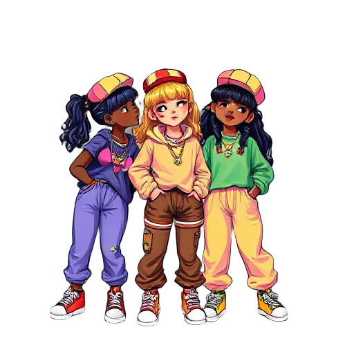 two darkskin and one asian girl in friday night funkin style , cool sneakers and baggy pop colour clothes, cute coloured hair and money flowing everywhere in the background, kissy faces with each doing different cute body poses, shiny jewellery on all of 