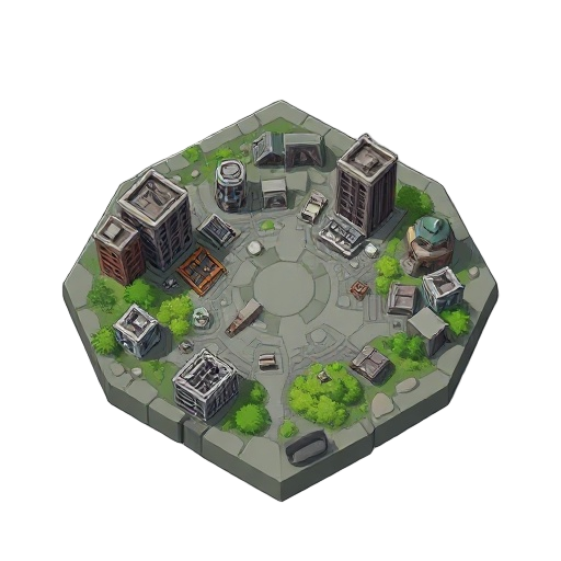 hexagonal tile for terrain where biome is destroyed city urban in a postapocaliptic world