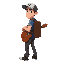 30-year-old man with youthful features, wearing a cap, pants, and a guitar on his back
