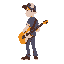 30-year-old man with youthful features, wearing a cap, pants, and a guitar on his back