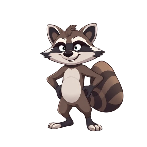 create a stylized anthropomorphic raccoon game character designed for a fast-paced action game. the character must have a heroic but mischievous look, with clear raccoon features: striped tail, masked face markings, small pointed ears, and agile body shap