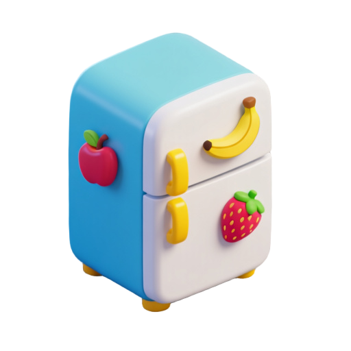 "génère un sprite de réfrigérateur de style cartoon 2d, vu de face, avec un design coloré et joyeux. le réfrigérateur doit avoir une forme arrondie, deux portes (une pour le frigo, une pour le congélateur), une poignée jaune vif, et des aimants colorés en