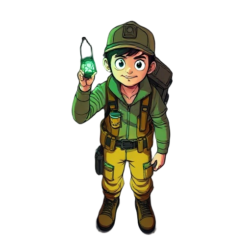 ceifador (top-down view): humanoide em traje de exploração futurista, minimalista, estilo worker-tech. equipamento rústico, luz fraca da lanterna. ambiente com estética de monitor crt, verde-escura. linhas e pixels visíveis